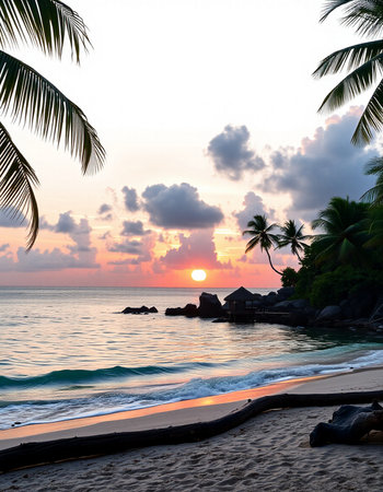 Tropical beach with palm trees at sunset, Seychelles