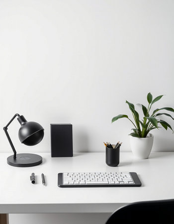 Minimal workspace with computer, keyboard, lamp and plant on white tableの写真素材