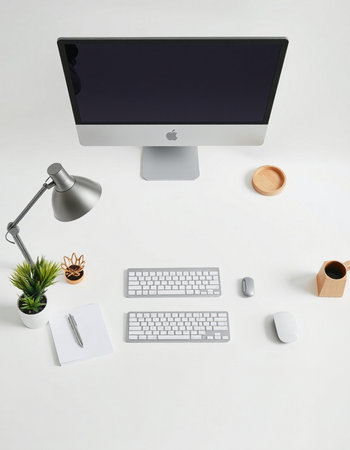 Office desk with computer, supplies and coffee cup on white background. 3D rendering.