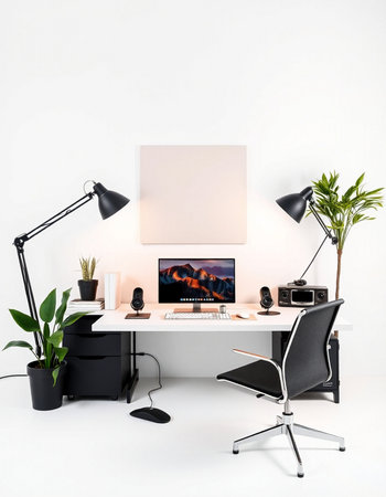 Interior of home office with computer, lamp and plants. 3d render