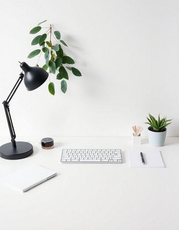 Minimalistic workplace with computer keyboard, stationery and plant on white backgroundの写真素材