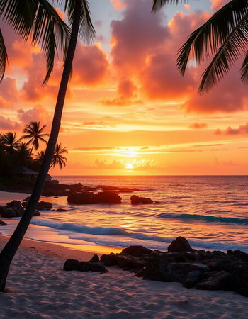 Beautiful tropical beach and sea with coconut palm tree at sunset time - Holiday Vacation conceptの写真素材