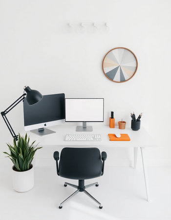 Minimalistic office interior with white walls, concrete floor, white computer table with black chair...