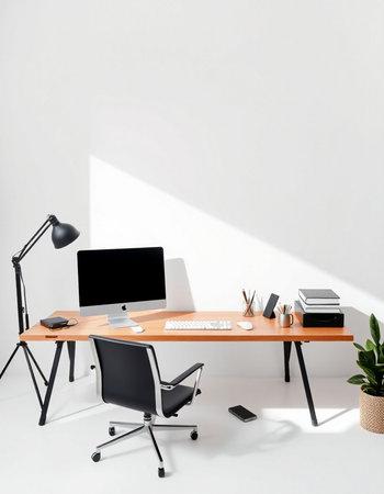 workplace with computer, lamp and stationery on white wall backgroundの写真素材