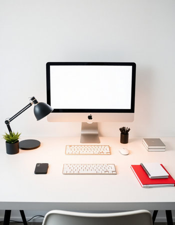 Modern workspace with computer, keyboard, mouse, lamp and other items