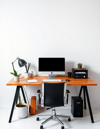 Modern office interior with computer, supplies and accessories. Workplace conceptの写真素材