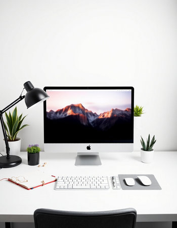 workplace with computer on white table in front of white wall, 3d render