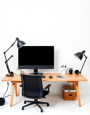 Workplace with computer, lamp, mouse, chair, and other items