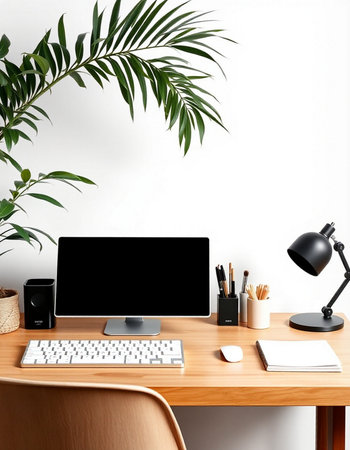 Modern workspace with computer, keyboard, mouse, stationery and plant. 3d render