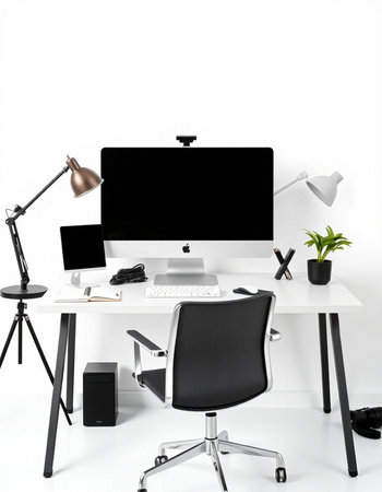 Modern workspace with computer on table and lamp. 3d render.