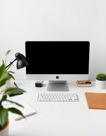 workplace with computer and stationery on white backgroundの写真素材