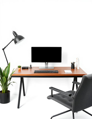 Modern workspace with computer, lamp and other objects. 3d render
