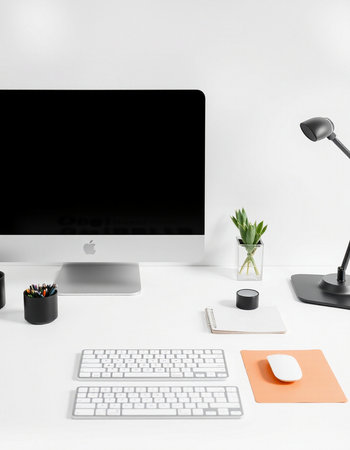 Minimalistic workspace with computer, keyboard, mouse, stationery and plant