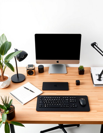modern workplace with computer, keyboard, mouse, notebook and other objects
