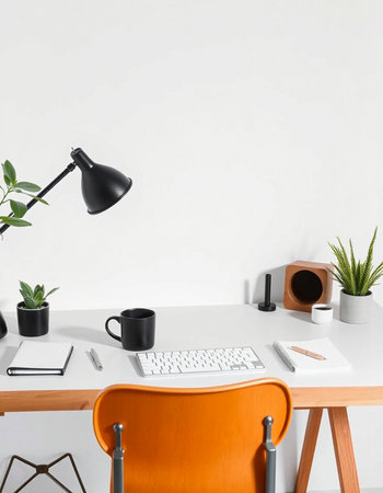 Workplace with a computer, a lamp and a plant. 3d rendering