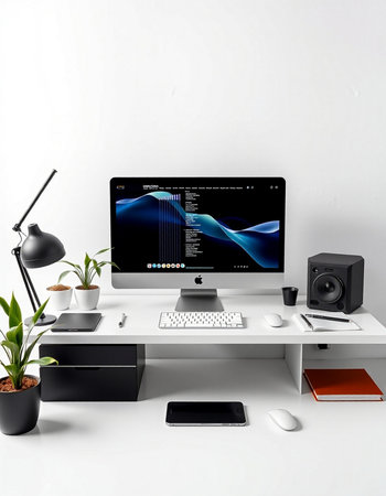 Modern workspace with computer and devices on white background. 3d rendering.