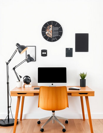 Modern workspace with computer, lamp and other objects. Mock up, 3D Renderingの写真素材