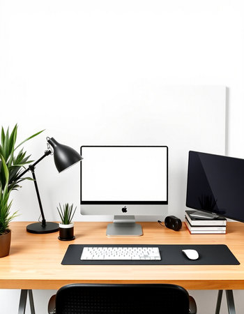 Workplace with computer, keyboard, mouse, lamp and plant. 3d rendering