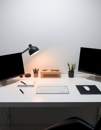 workplace with computer, lamp and stationery on table in office