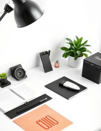 Modern workspace with stationery on white table. Flat lay, top view