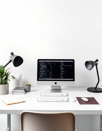 workplace with computer, lamp and other objects, 3d renderingの写真素材