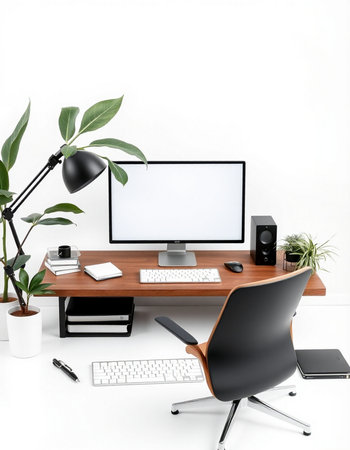 Workplace with computer, keyboard and mouse on white background. 3d rendering.の写真素材