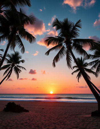 Silhouette of coconut palm trees on the beach at sunset.