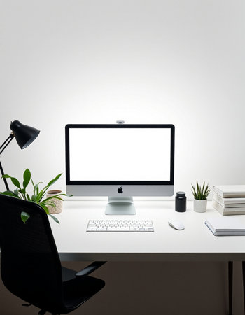Modern workspace with blank screen computer, stationery, coffee cup and plant on white background