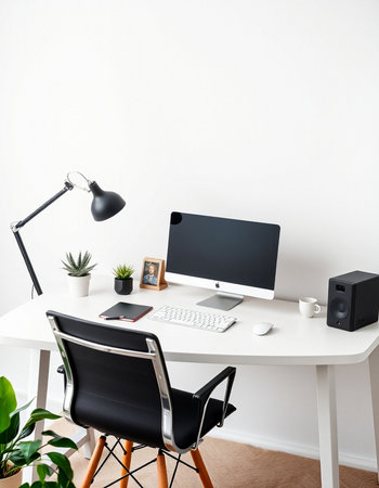 Interior of a modern office with computer, lamp, coffee and plants