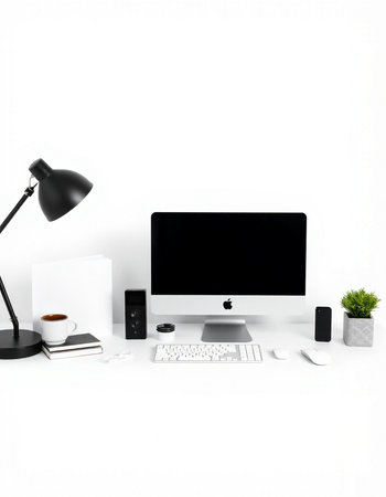 Modern workspace with computer, keyboard, mouse and coffee cup on white background