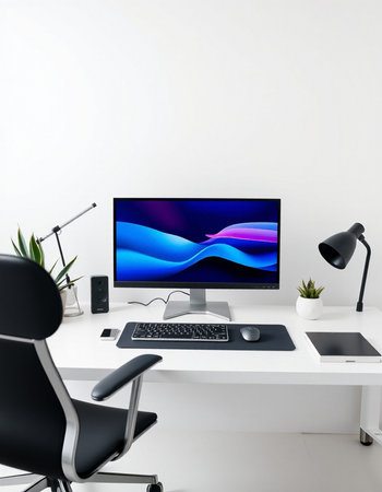 Modern workspace with computer, keyboard and mouse. 3d rendering.
