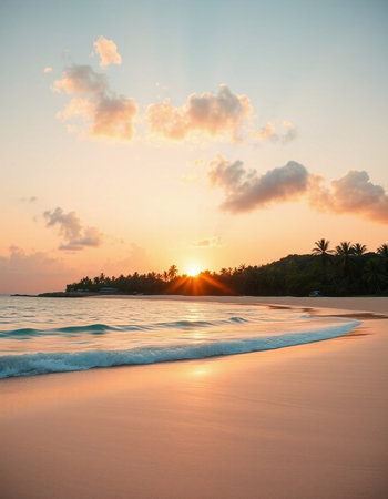 Beautiful sunset on tropical beach with palm trees and sand. Maldivesの写真素材