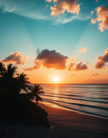 Beautiful sunset on the beach with palm trees and rays of light