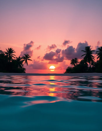 Beautiful sunset at Maldives island with palm trees and swimming poolの写真素材