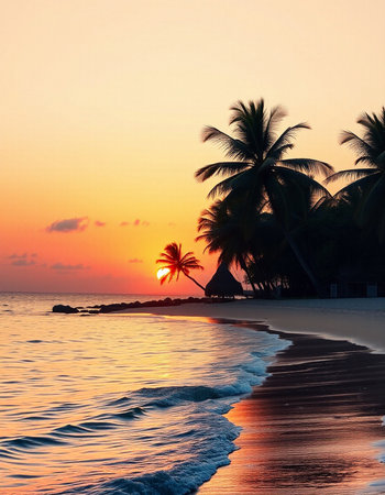 Tropical beach at sunset with palm trees and sea waves.の写真素材