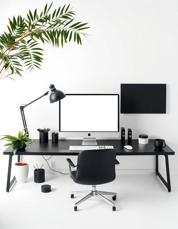 Modern workspace with computer, keyboard, mouse, coffee cup and plant. 3d renderの写真素材
