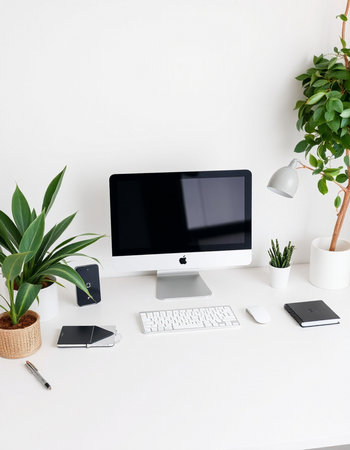 Modern workspace with computer, mobile phone and office supplies. Flat layの写真素材
