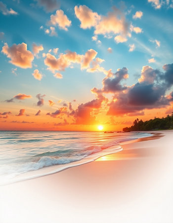 Beautiful tropical beach and sea at sunset time for travel and vacationの写真素材