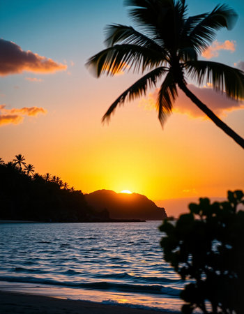 Beautiful tropical beach and sea with coconut palm tree at sunset time - Holiday Vacation concept