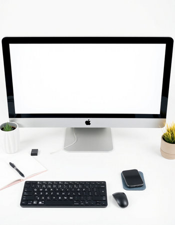 Computer with blank screen, keyboard and mouse isolated on white background.