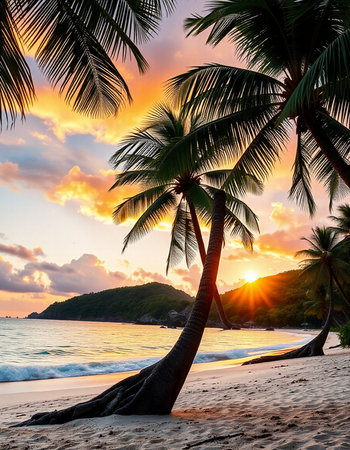 Tropical beach with coconut palm trees at sunset, Seychellesの写真素材