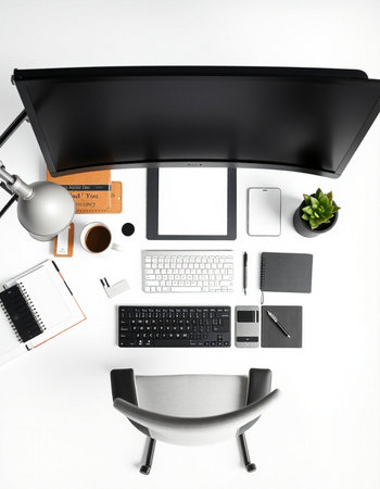 Top view of modern workplace with computer, tablet, mobile phone, stationery and coffee cup on white...