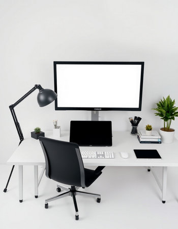 workplace with blank screen, computer, keyboard, mouse, lamp and other objects