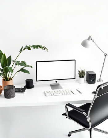 workplace with computer, lamp and plant isolated on white, mockup
