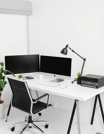 Workplace with computer, lamp and plant in interior of modern office