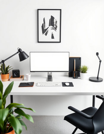 Workplace with computer, keyboard, mouse, lamp, coffee cup and plant on white table