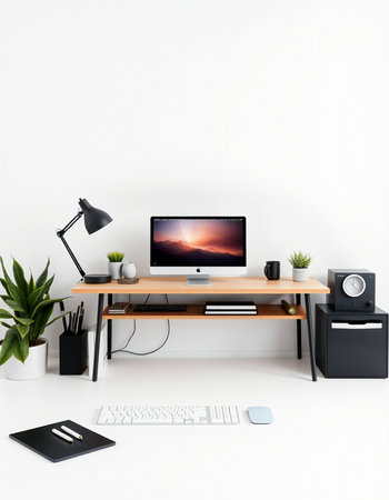 Modern workspace with computer, keyboard, mouse and accessories. 3d renderの写真素材