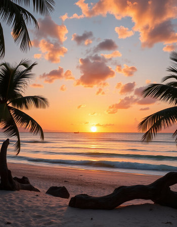 Beautiful sunset on the beach with palm trees. Tropical background.の写真素材