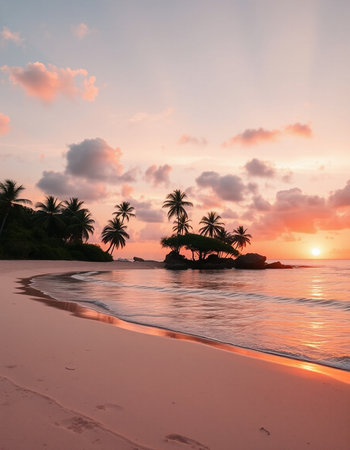 Beautiful sunset on a tropical beach with palm trees in the foregroundの写真素材