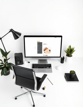 workplace with computer, laptop, stationery and plants isolated on whiteの写真素材